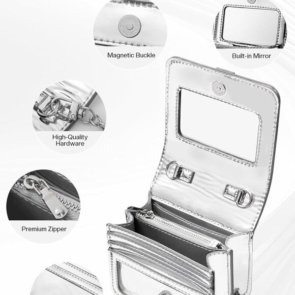 Mini Crossbody Bags for Women, Silver Evening Bags for Women with Built-in Mirro - Picture 8 of 9